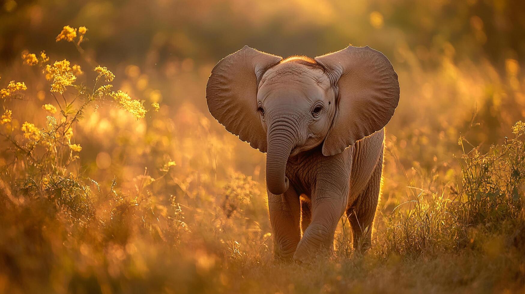 A captivating shot of a baby elephant calf walking through a sunlit field with flowers, exuding innocence and charm. photo