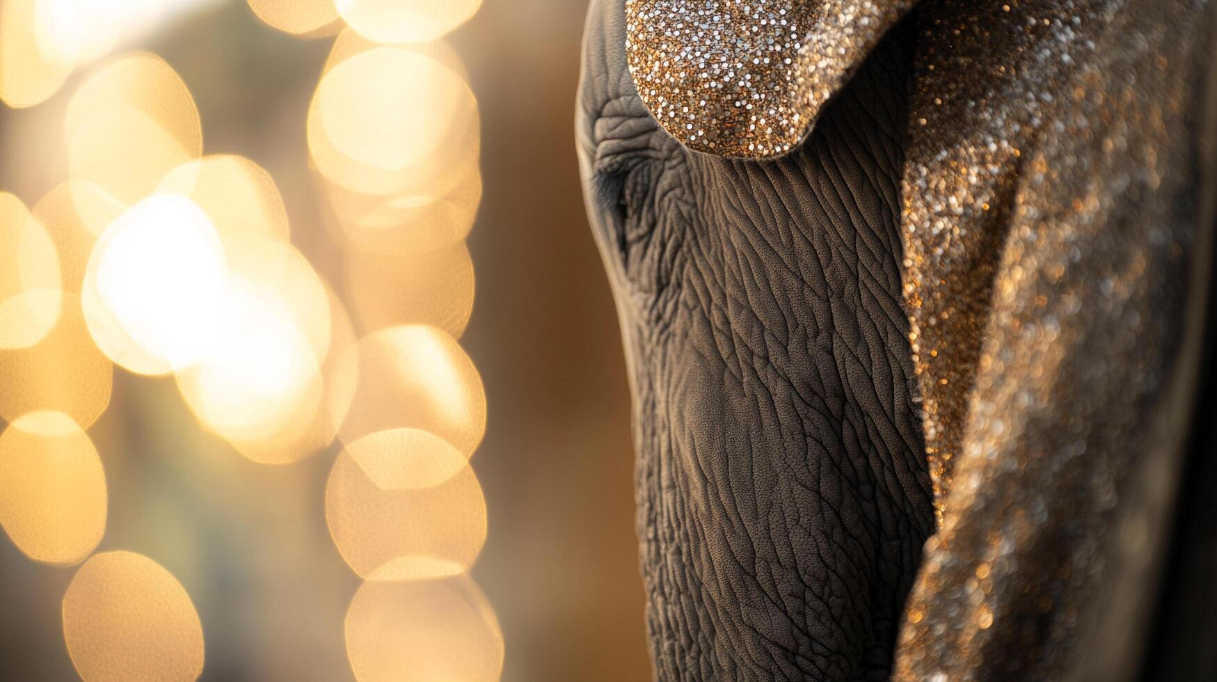 Close-up of an elephant's textured skin and ear. It is wearing a shimmering, decorative garment. Golden lights in the background. photo
