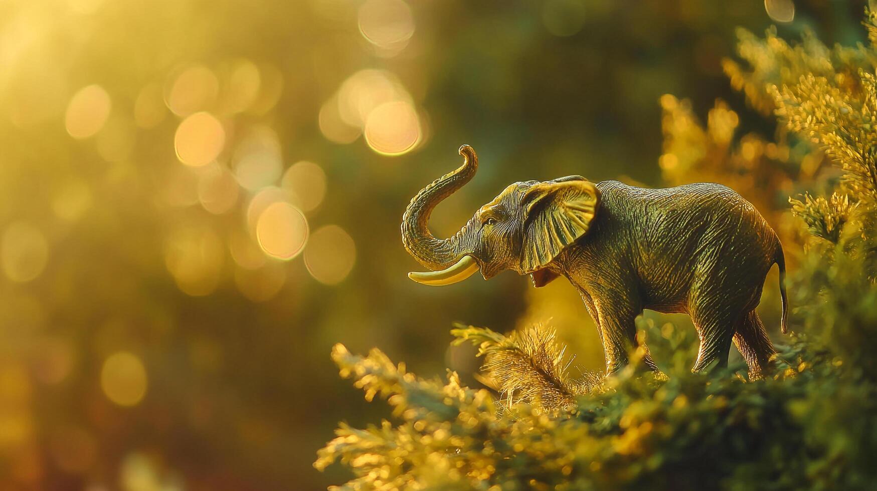 An artistic rendering presents a serene depiction of an elephant amidst a field during golden hour, evoking a sense of tranquility. photo