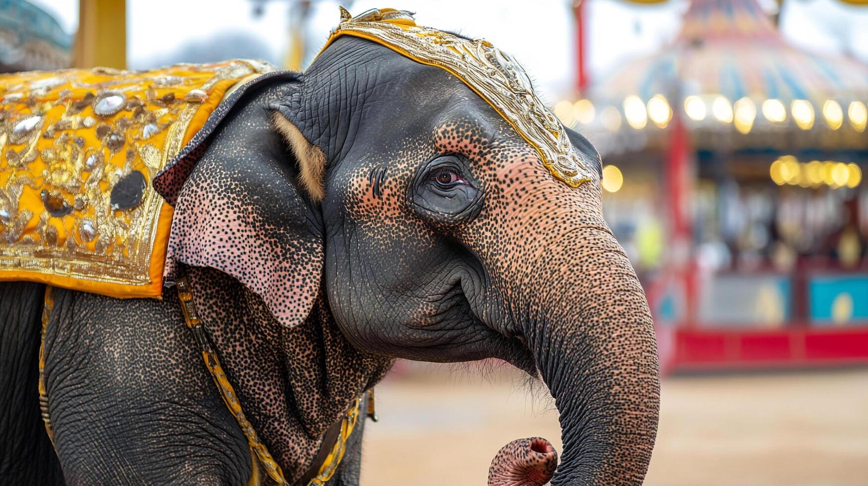 An adorned elephant with gold headdress and embellished blanket, stands in front of a colorful blurred circus backdrop. Majestic creature. photo