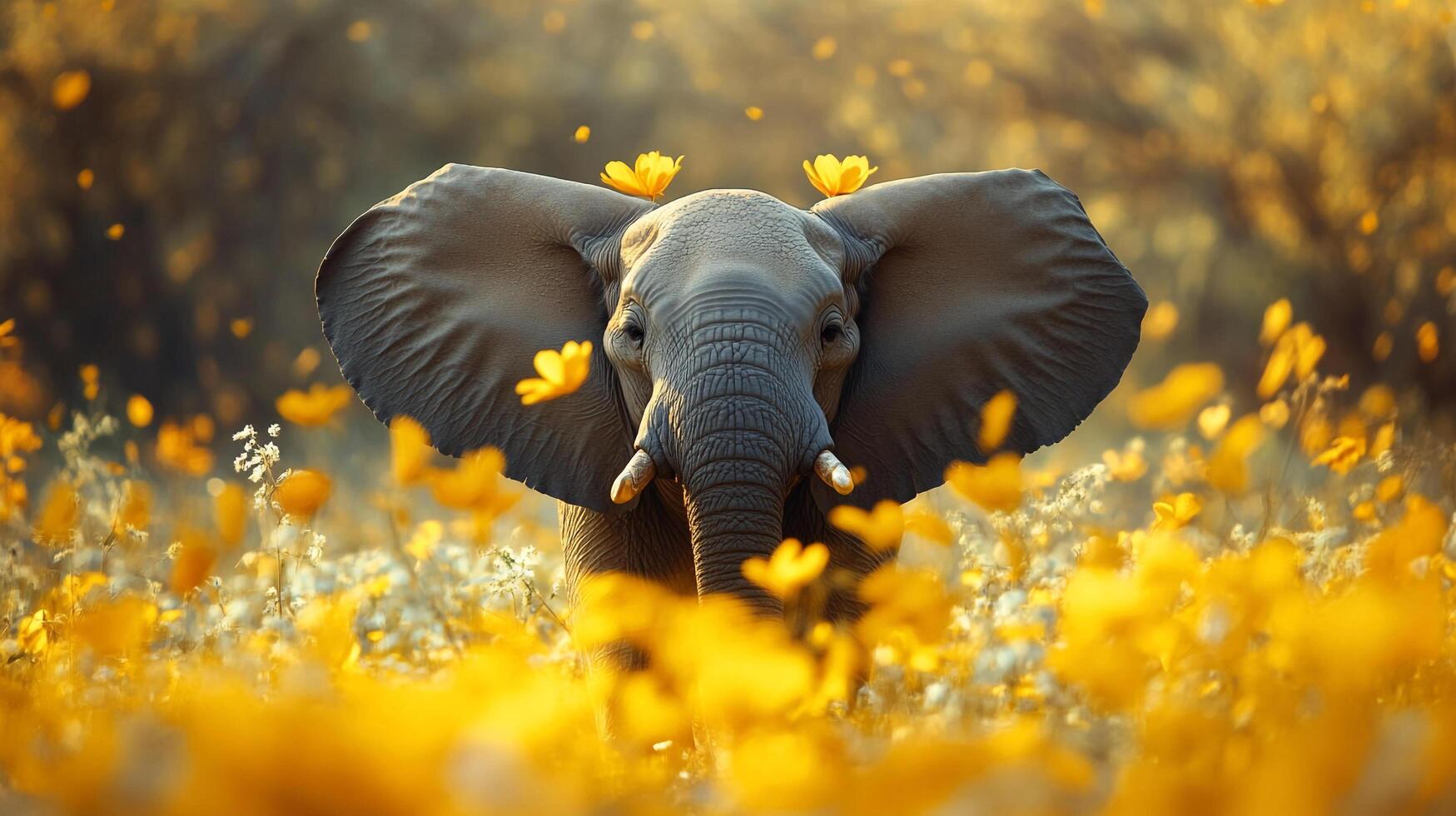 Elephant in a field of yellow flowers, its head adorned with matching blooms, creating a heartwarming, wildlife scene. photo