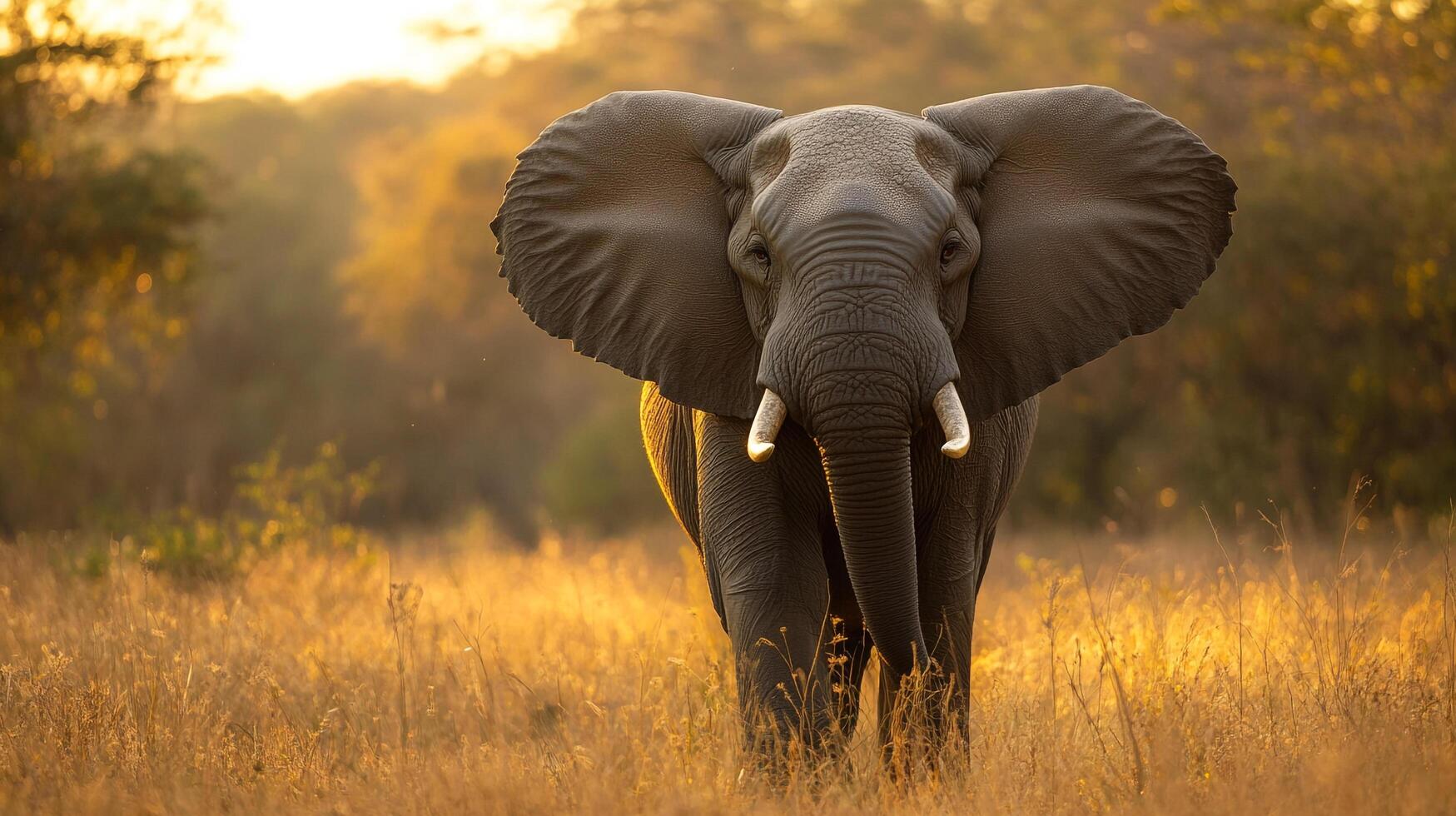 Majestic African Elephant stands tall, its large ears spread wide against the golden light of the savanna, creating a beautiful wildlife moment. photo
