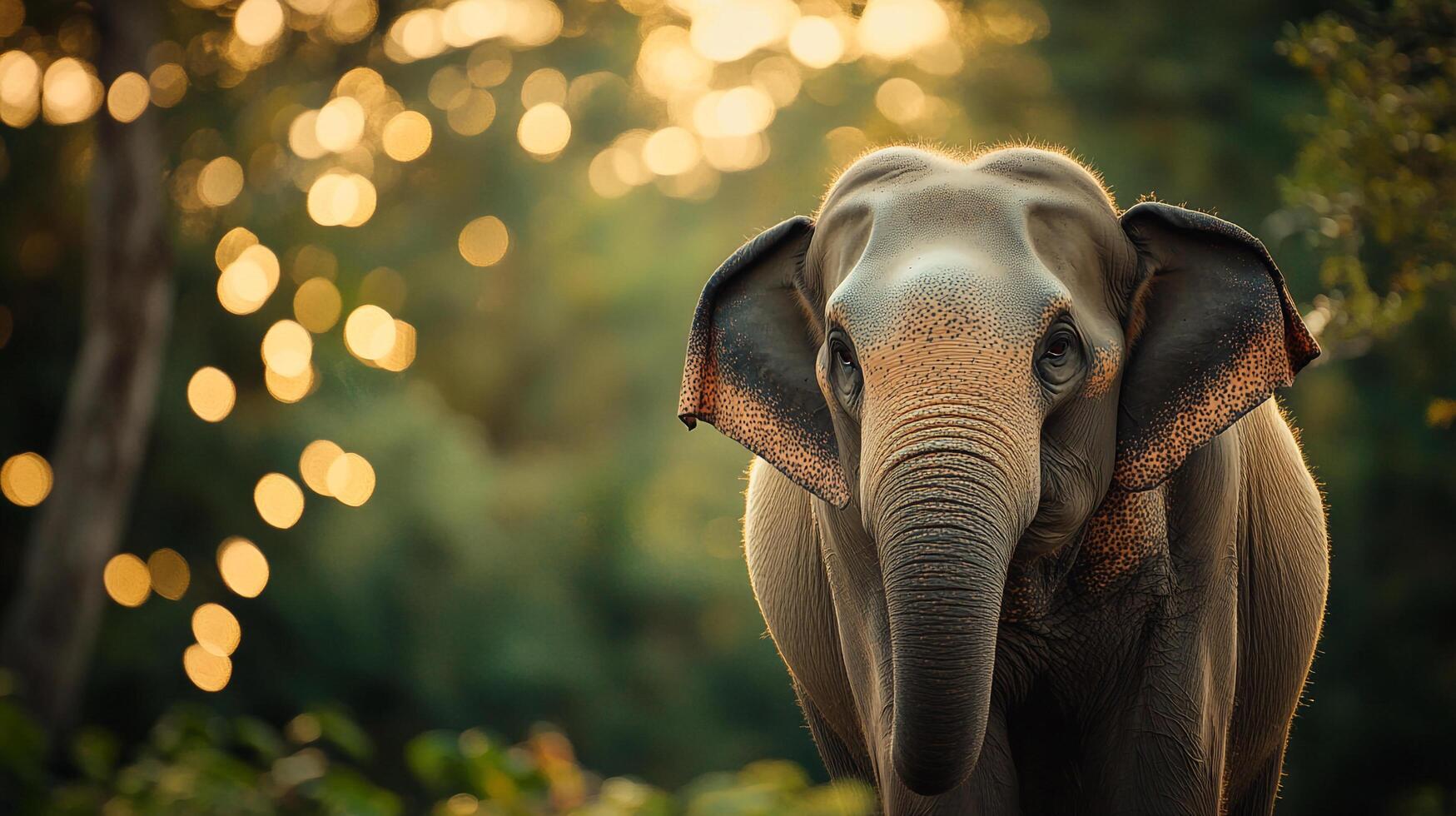 Elephant portrait in nature, with dappled light filtering through the lush green background. Peaceful and majestic animal. photo