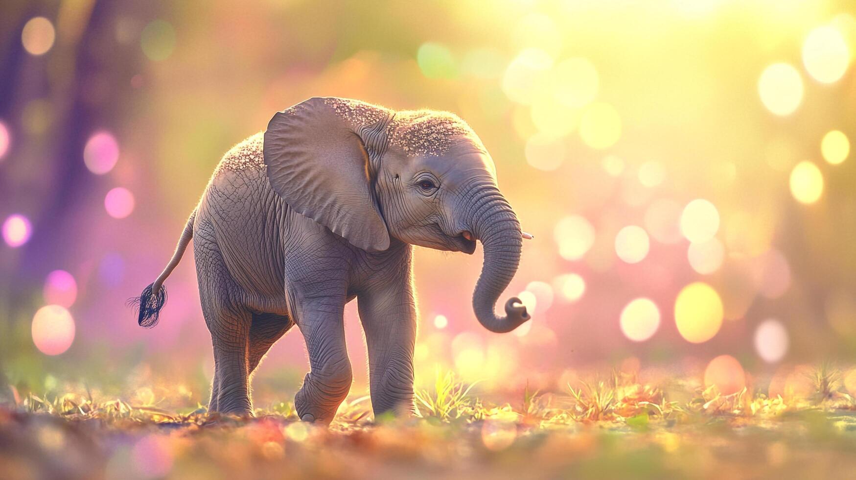 A heartwarming image of a young elephant calf walking in a sunlit meadow, its trunk gently curled, creating a scene of innocence and charm. photo
