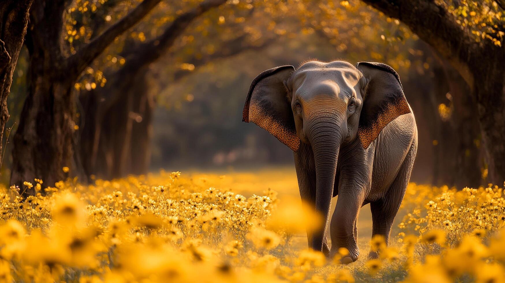An elephant strolls through a sunlit meadow, its trunk swinging as it enjoys the vibrant yellow wildflowers. Peaceful scene photo