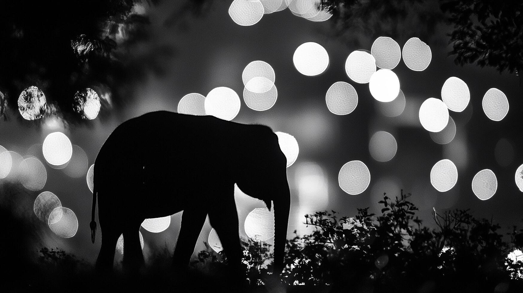 Silhouette of a majestic elephant walking at night, creating a captivating contrast against a backdrop of shimmering lights in the darkness. photo