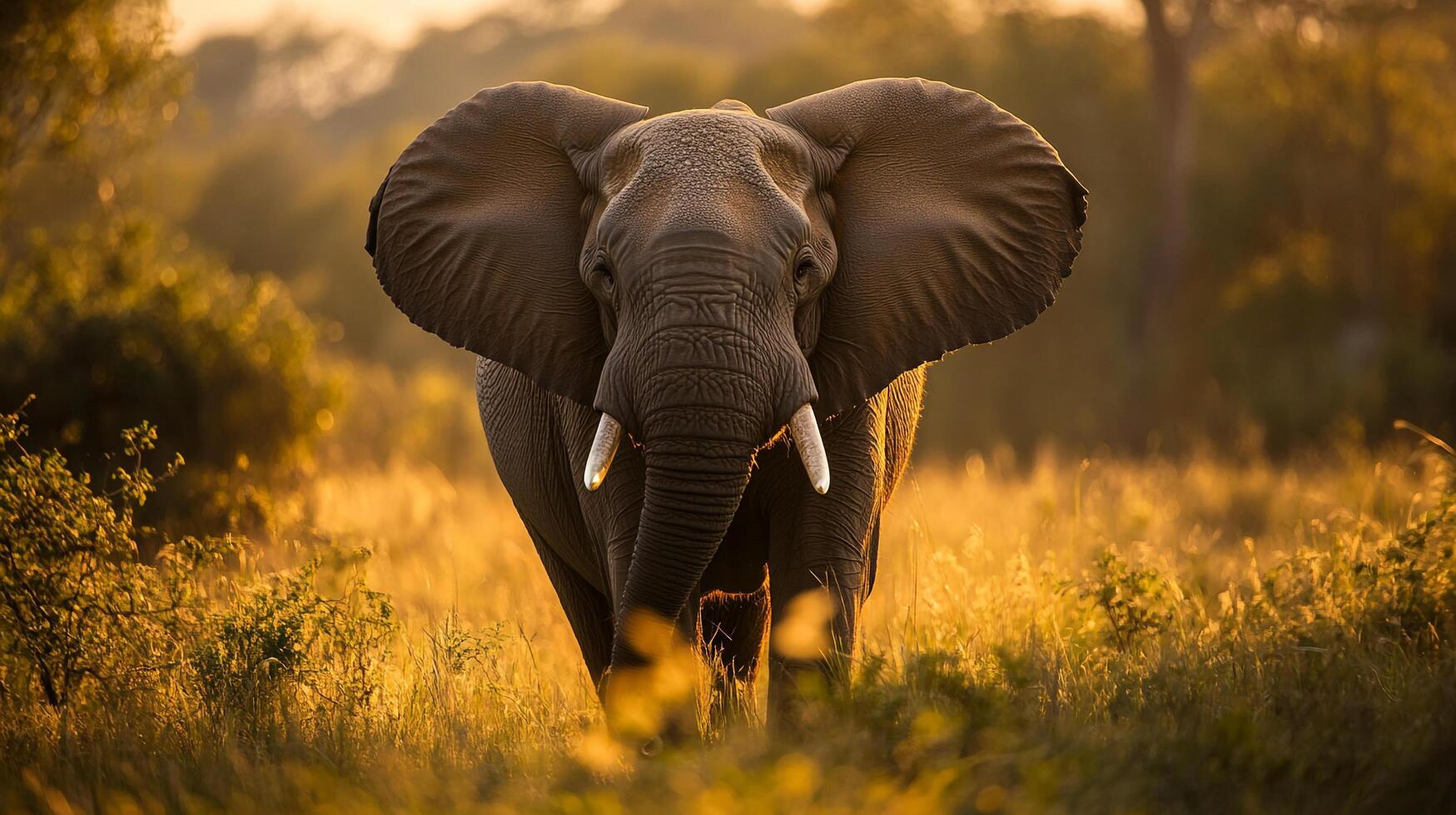 Majestic elephant portrait in golden light, highlighting its tusks and ears amidst the grassy African savanna backdrop at sundown. photo