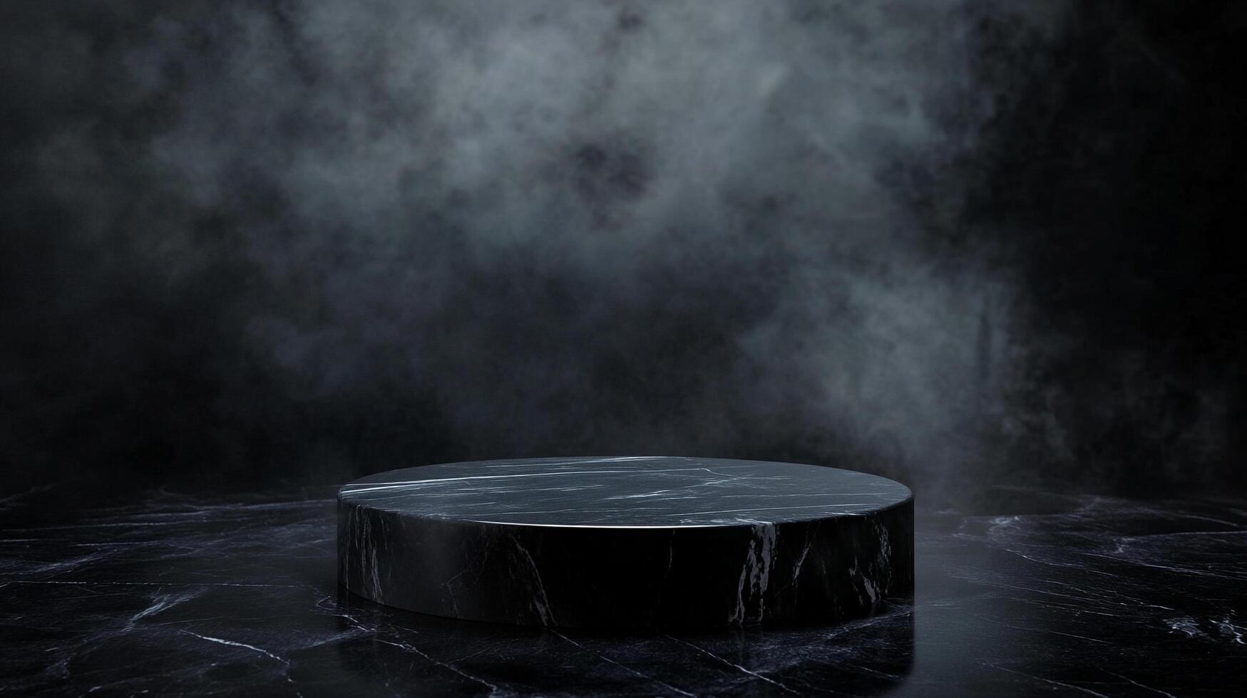 Sleek, dark marble platform in moody lighting, perfect for showcasing products or adding a touch of elegance. Add your product or text photo