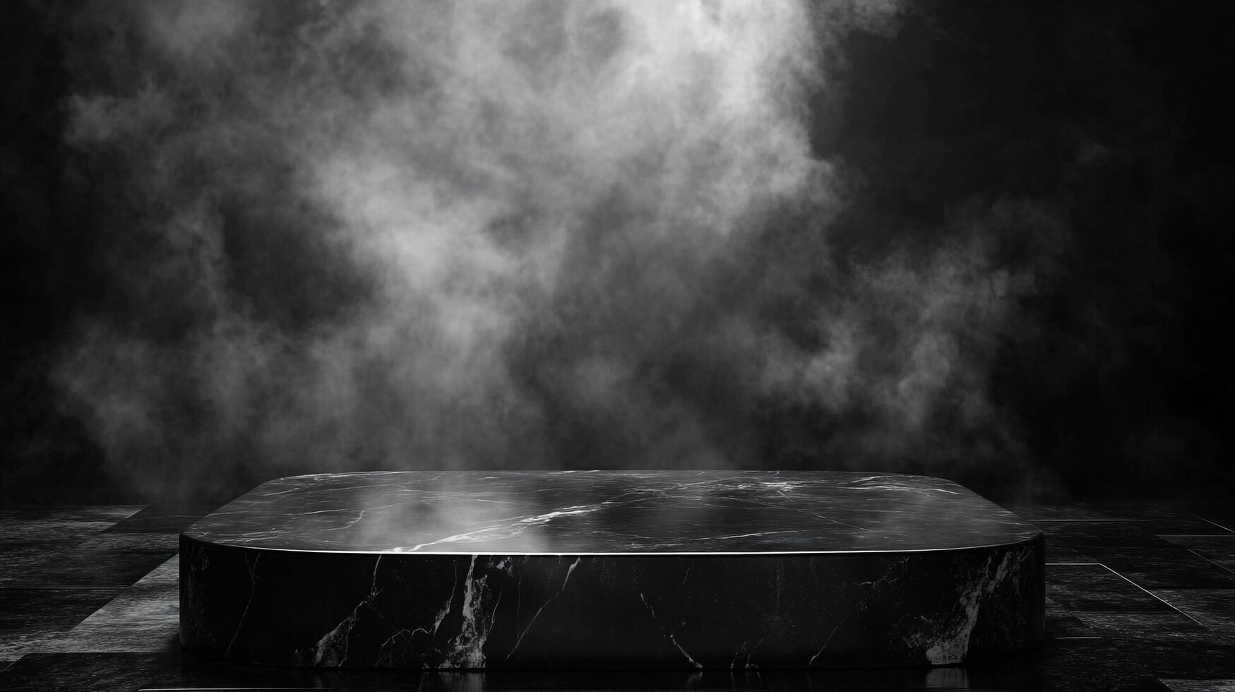Elegant black marble platform surrounded by swirling smoke, creating a dramatic showcase for product presentation. A luxurious stage for your vision. photo
