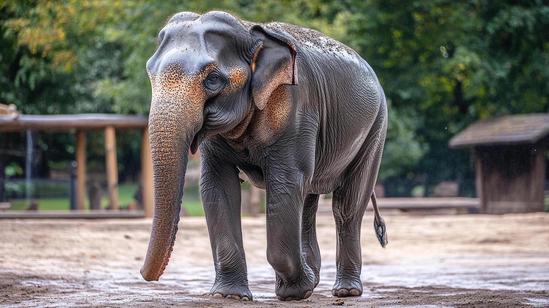 Majestic Asian elephant walking gracefully in its enclosure, showcasing its strength and gentle nature in a peaceful, outdoor setting. photo
