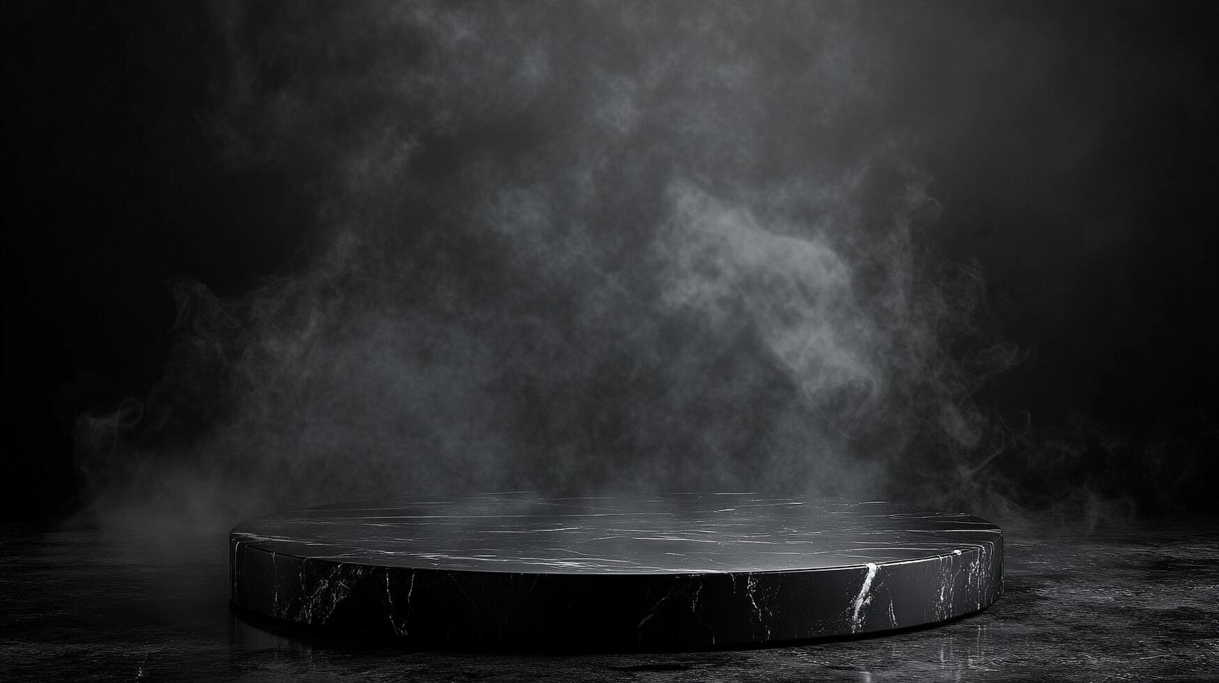 A striking black marble podium stands amidst rising smoke against a dark backdrop, offering a dramatic stage for product presentation. photo