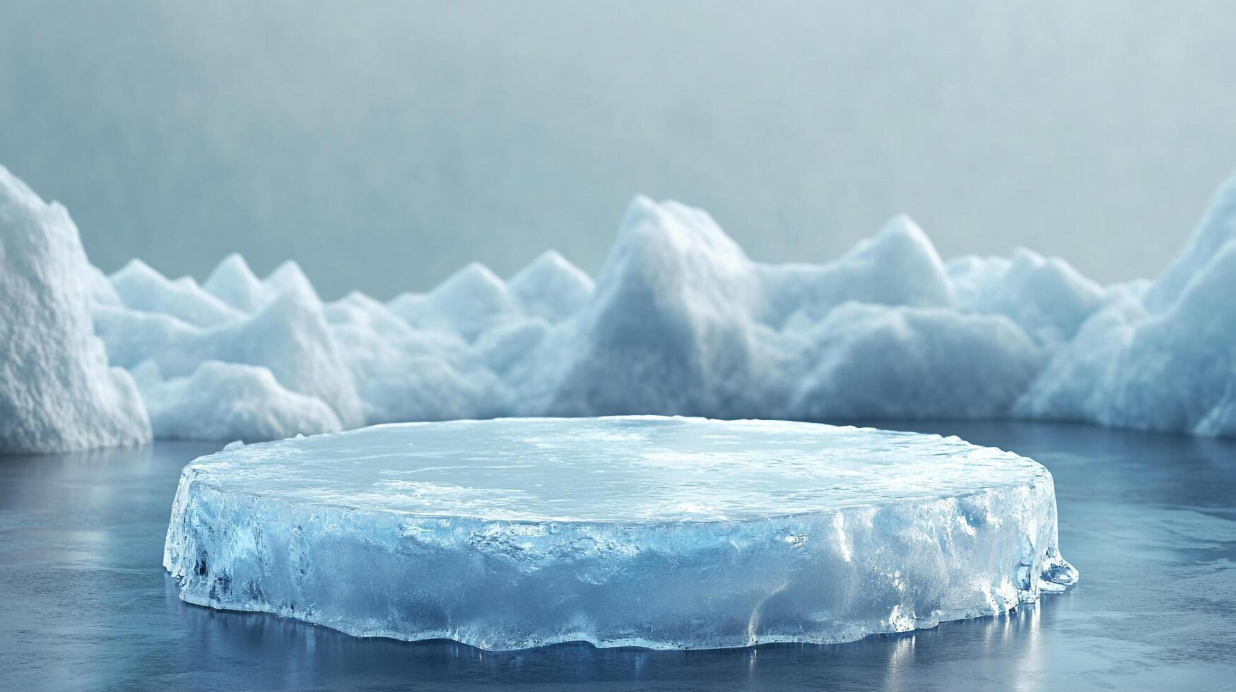 Icy platform surrounded by frigid, snowy terrain, perfect for showcasing winter products or creating a cool, minimalist aesthetic. photo
