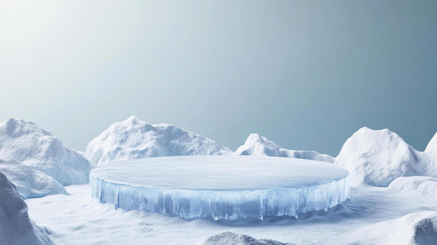 Icy display podium in arctic landscape with snowy mountains and glistening icicles for product showcase or winter themed background. photo