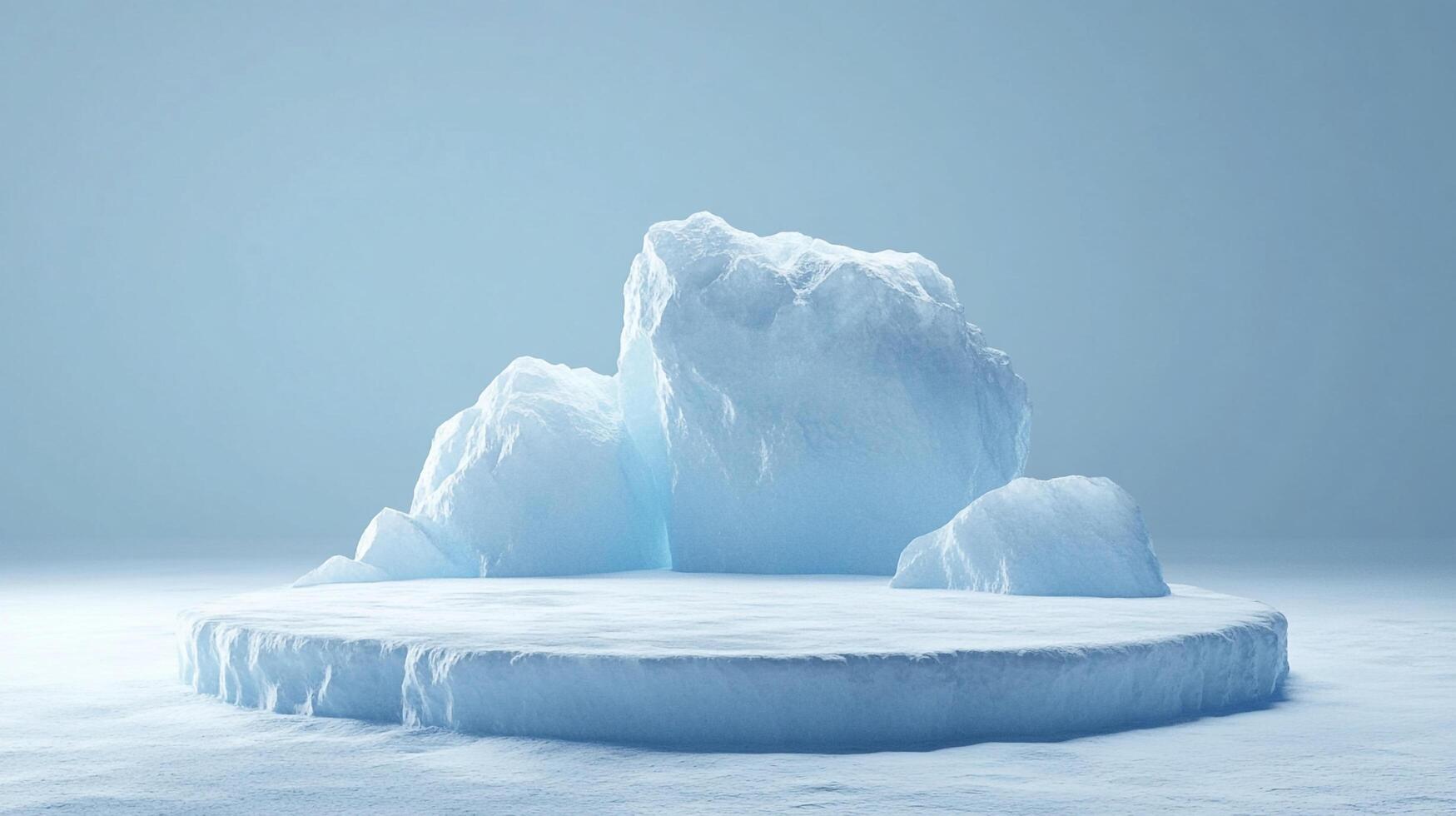 A surreal icy landscape with ice boulders on a smooth, round iceberg platform, bathed in soft, ethereal light. Cold environment background. photo