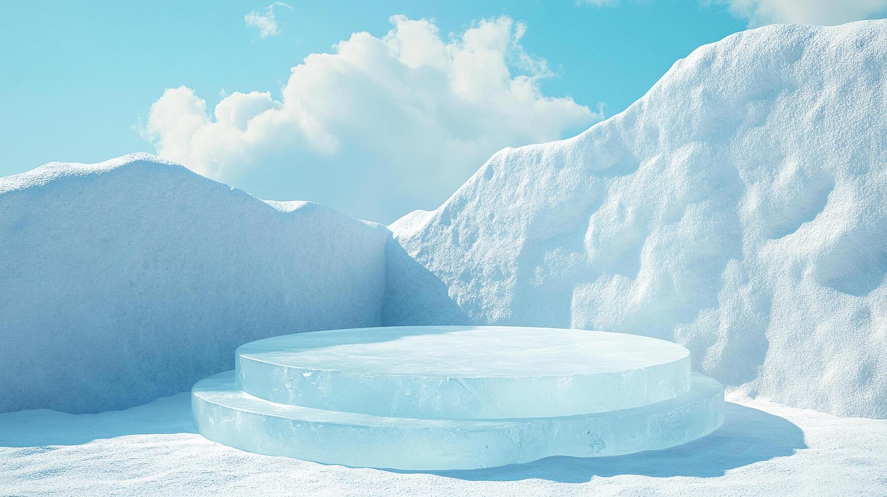 Ice podium surrounded by snowdrifts against a blue sky with clouds, ideal for showcasing winter products in a frosty environment. photo