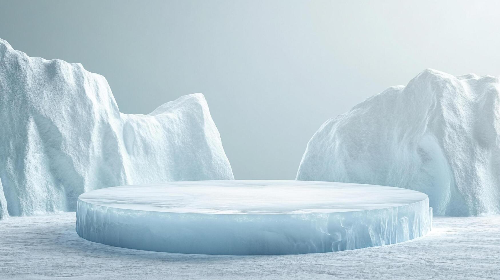 Icy display platform on a snowy landscape, flanked by glacial formations. Frozen aesthetic, perfect for showcasing cool-toned products. photo