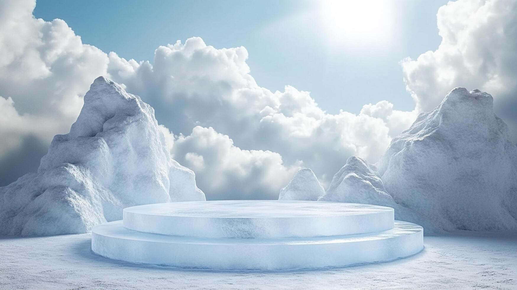 A platform for products set in an icy, mountainous landscape against a bright sky. A clear, wintery scene for displays or promotions. photo