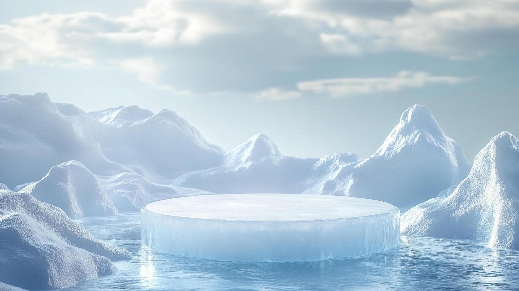 Icy platform amidst a serene, snow-covered landscape, perfect for showcasing products with a winter or cool theme. Tranquil and ethereal. photo