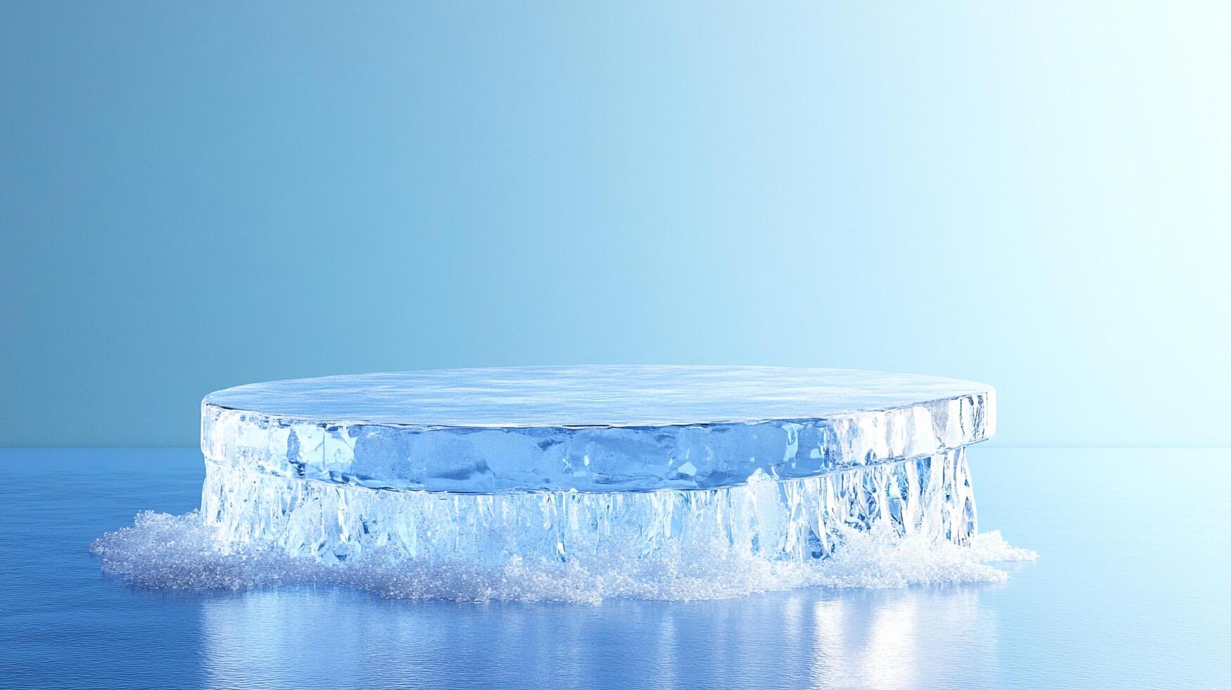 Round ice platform on blue surface. Frozen stage for product display. Chilled, minimalist aesthetic with serene, cool tones. photo