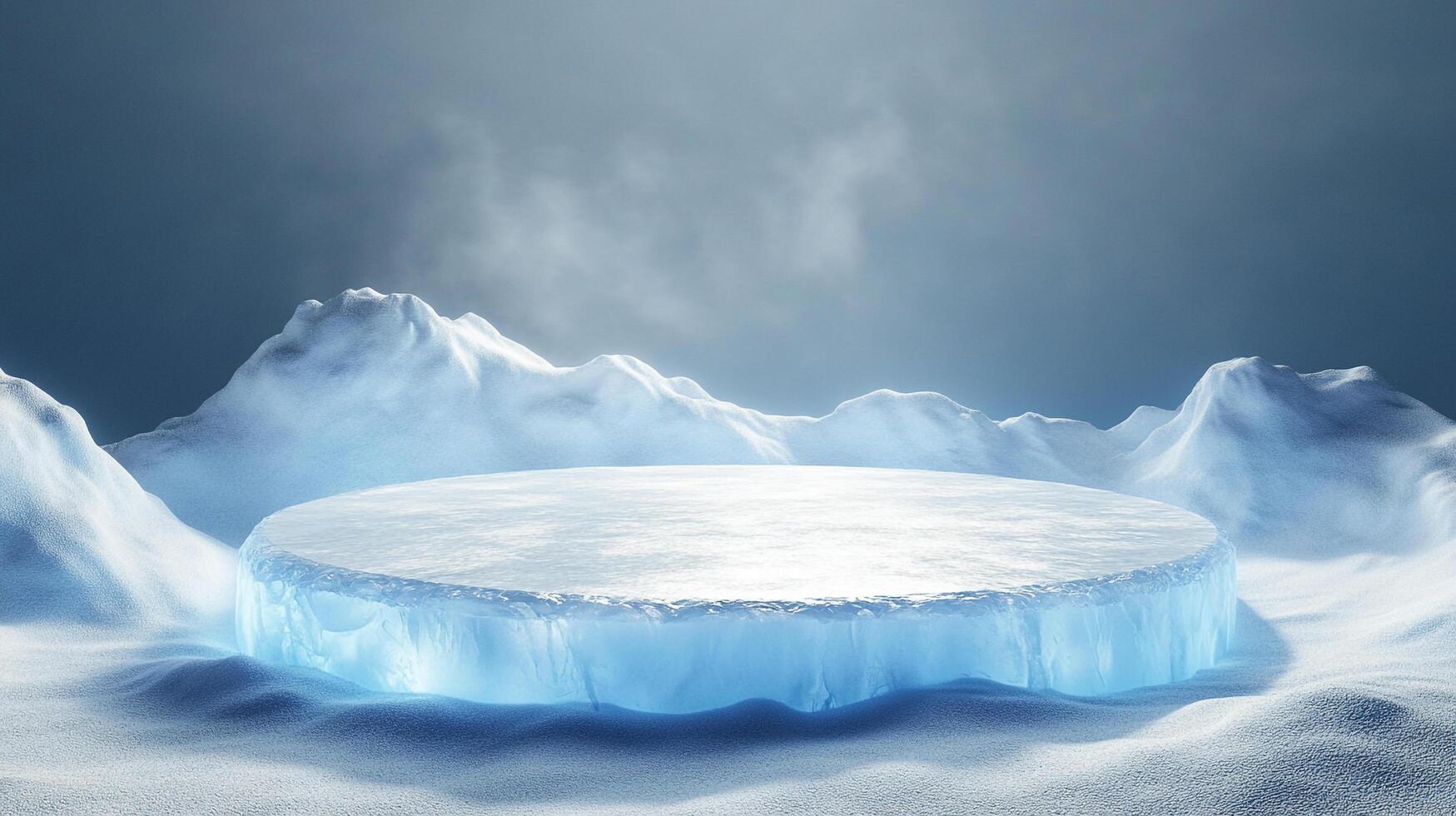 Icy platform on a snowy landscape with mountains in the distance. A stunning display of natural beauty in a cold, wintery environment. photo