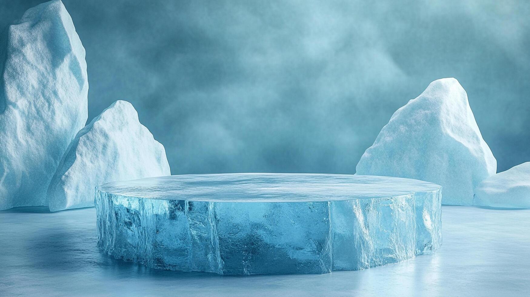 An icy platform is surrounded by jagged ice formations, set against a cool, ethereal backdrop, evoking the stark beauty of glacial landscapes. photo