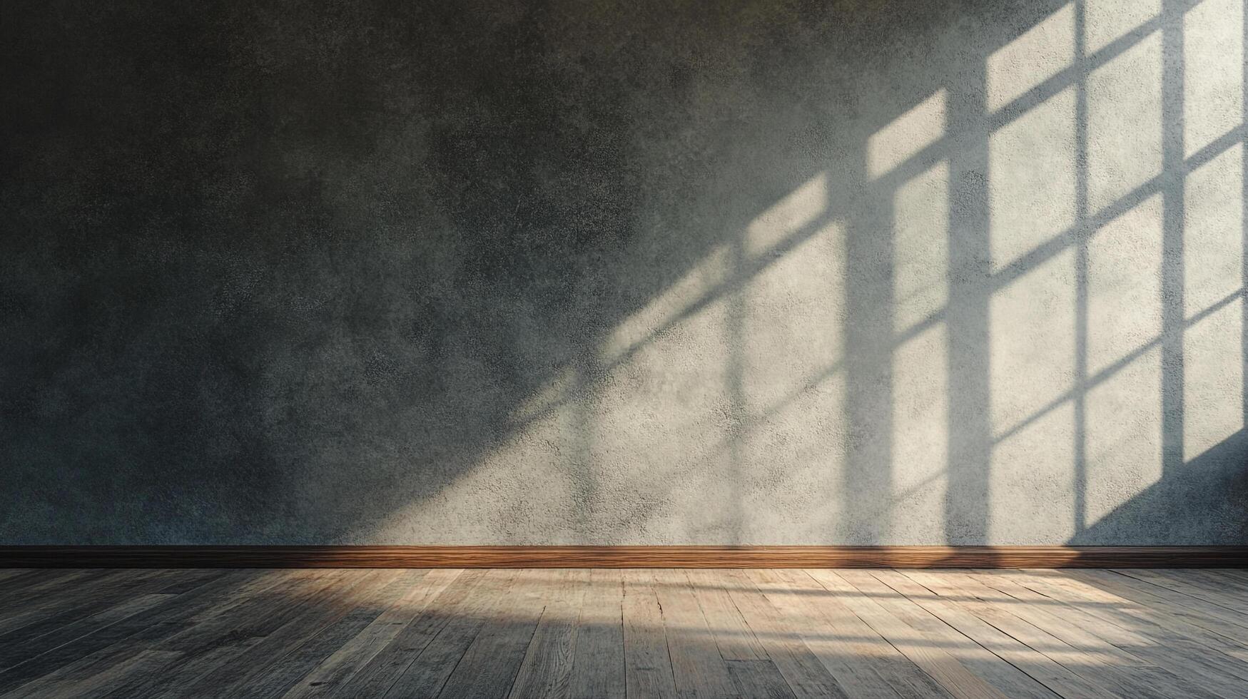 Interior wall texture with sunlight casting shadows through window panes onto the floor. Dramatic contrast and empty space. photo