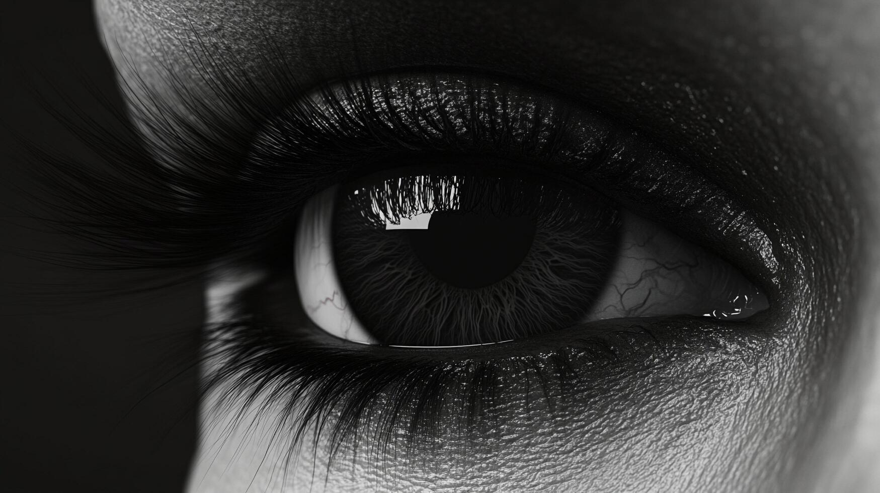 A striking close-up of a human eye, rendered in black and white with intense detail. The long lashes frame the eye. photo