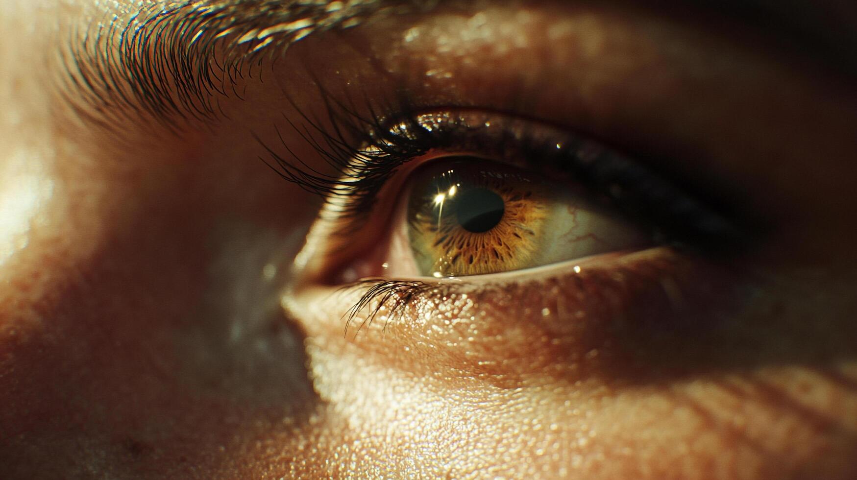 Extreme closeup of an eye with rich, multi-toned hazel iris with dark lashes and brow. Skin textures are visible. Sunlight illuminates the eye. photo
