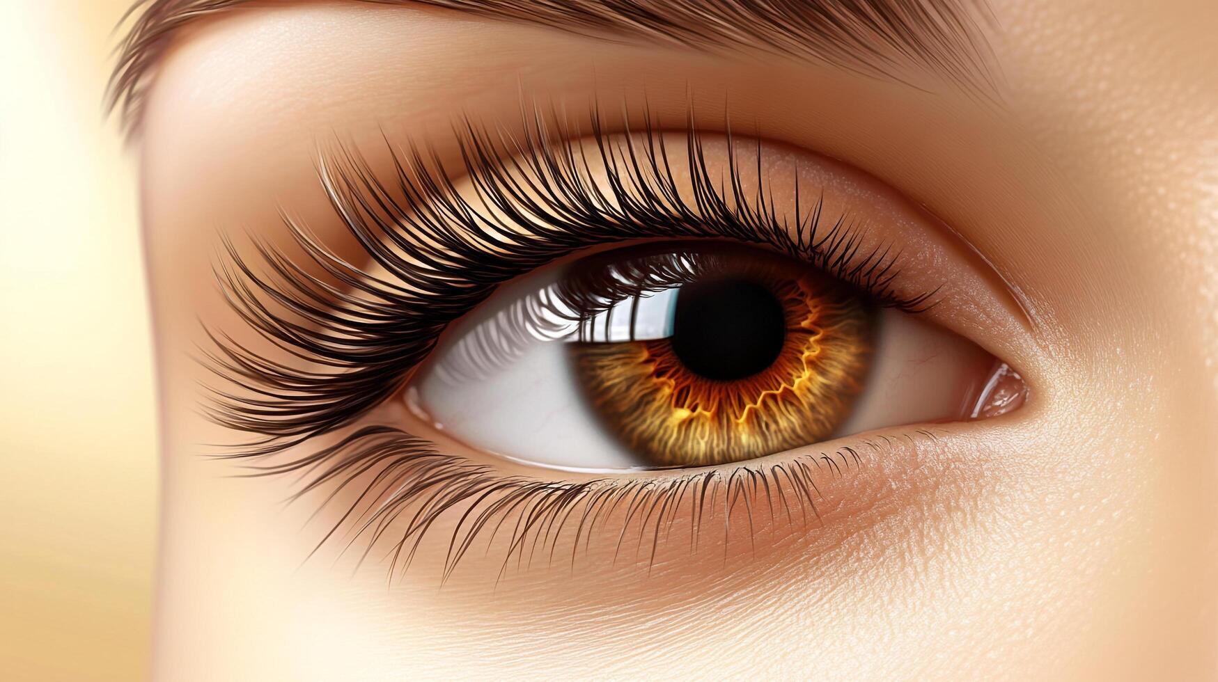 Detailed eye portrait showcases striking amber iris and long, dark lashes, capturing beauty and attention to detail in a close-up perspective. photo