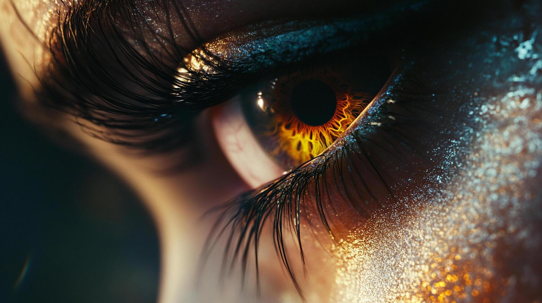 Close-up of a striking eye with detailed lashes and vibrant orange and yellow iris, set against a contrasting dark background. photo