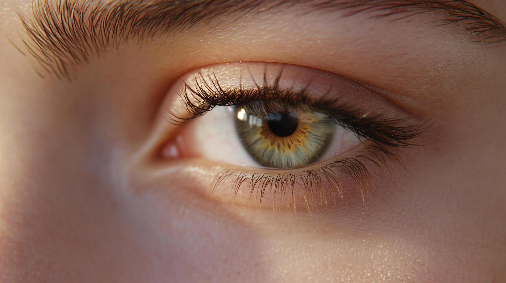 Close-up of a captivating eye with hazel and green hues, showcasing intricate details of the iris, eyelashes, and surrounding skin. photo