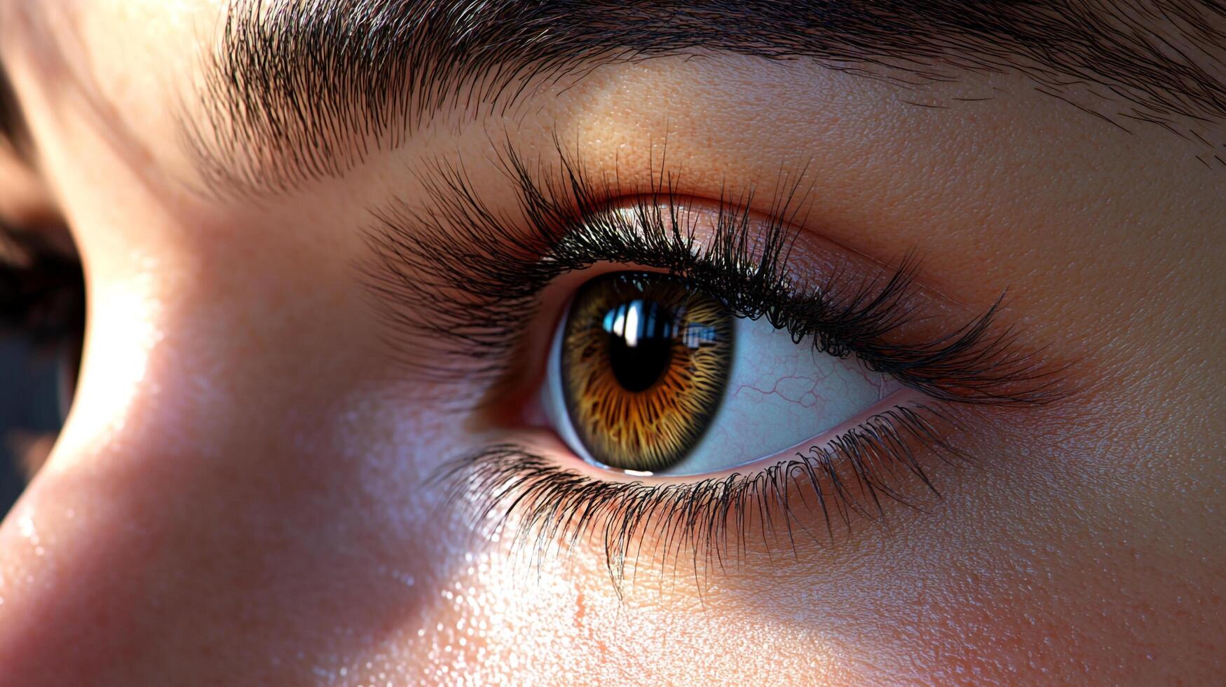 Detailed close-up of a vibrant, expressive brown eye with striking eyelashes, capturing intricate details and human beauty. photo