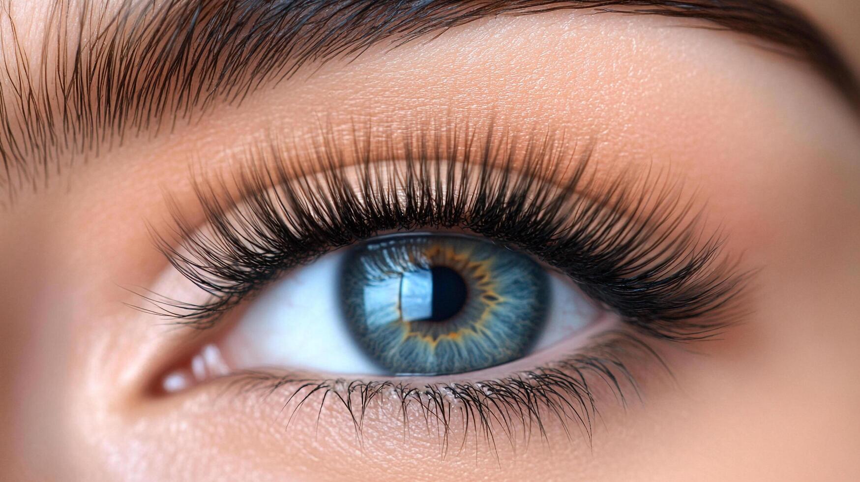 Close-up of a striking blue eye with long, dark lashes, capturing the intricate details and the beauty of the eye's natural color. photo