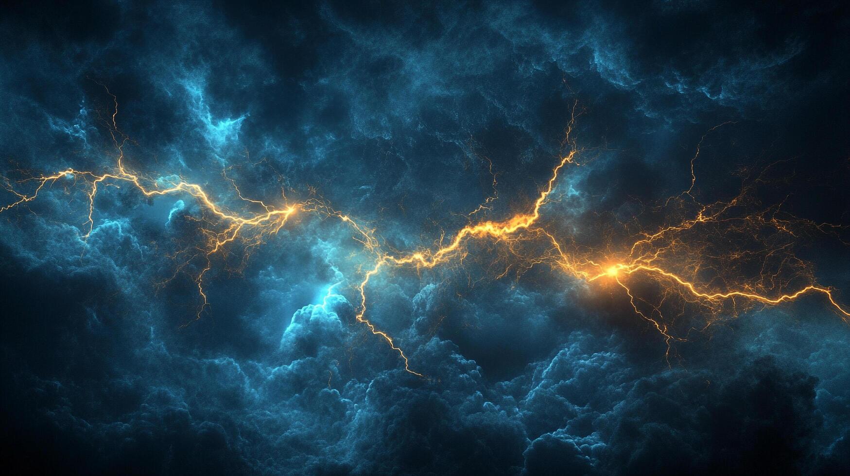 Dramatic sky filled with deep blues and ominous clouds, bisected by a powerful, jagged strike of golden-yellow lightning. photo