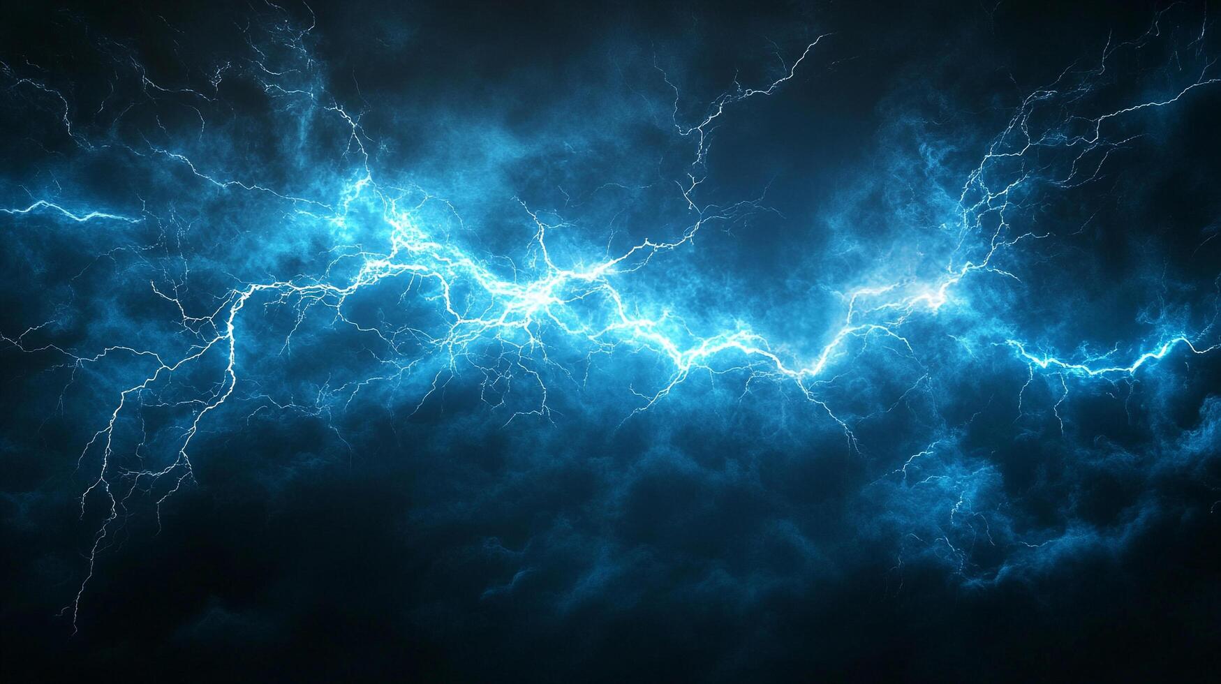 Dynamic blue electrical discharge arcs across a stormy sky, illuminating dark clouds with nature's raw power and atmospheric intensity. photo