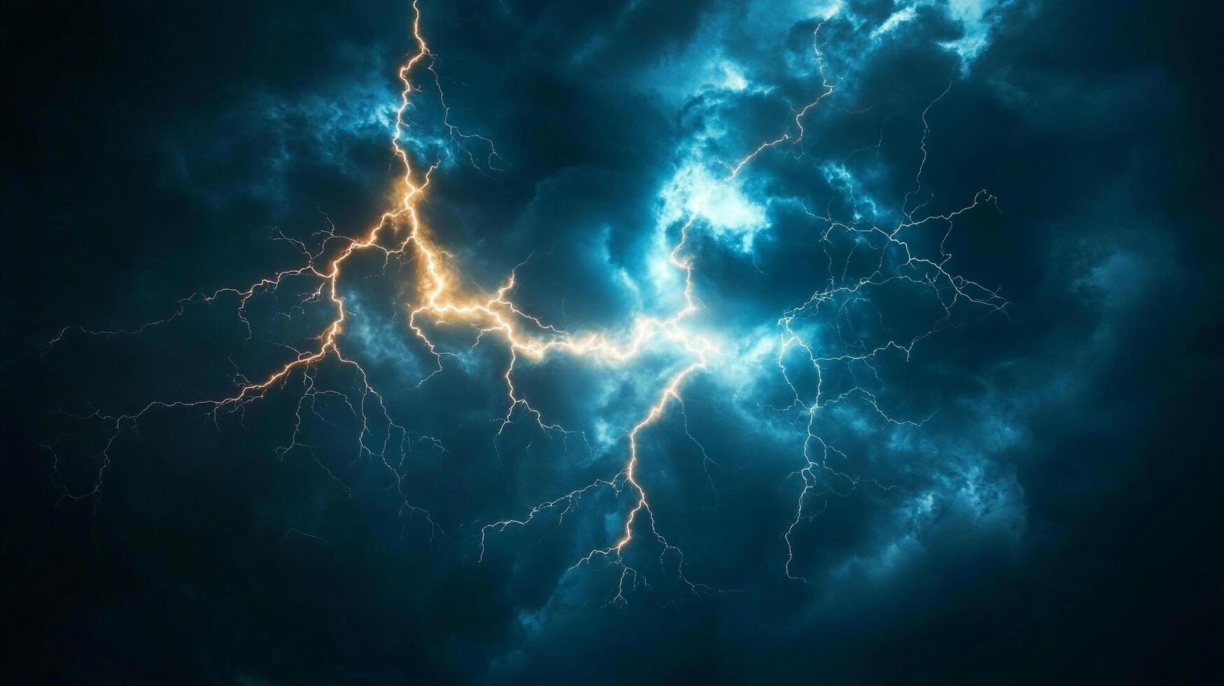 Electrical storm with stunning lightning bolts illuminating a dark, cloudy sky during a dramatic weather event. photo