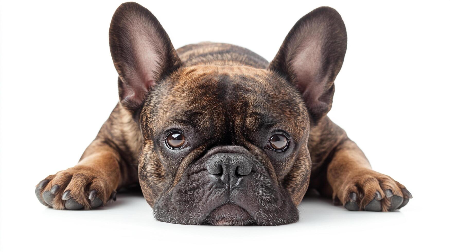 A brindle-coated canine with prominent ears and a slightly sad expression lies patiently against a pristine white backdrop. photo
