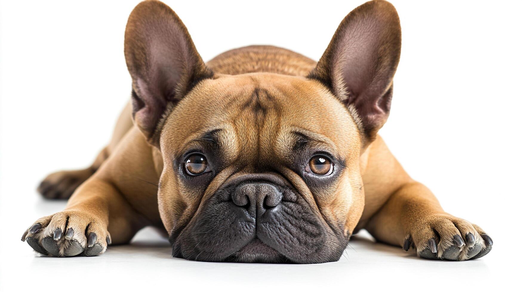 A tan-colored dog with large ears and soulful eyes lies on a white surface, looking directly at the viewer with a gentle expression. photo