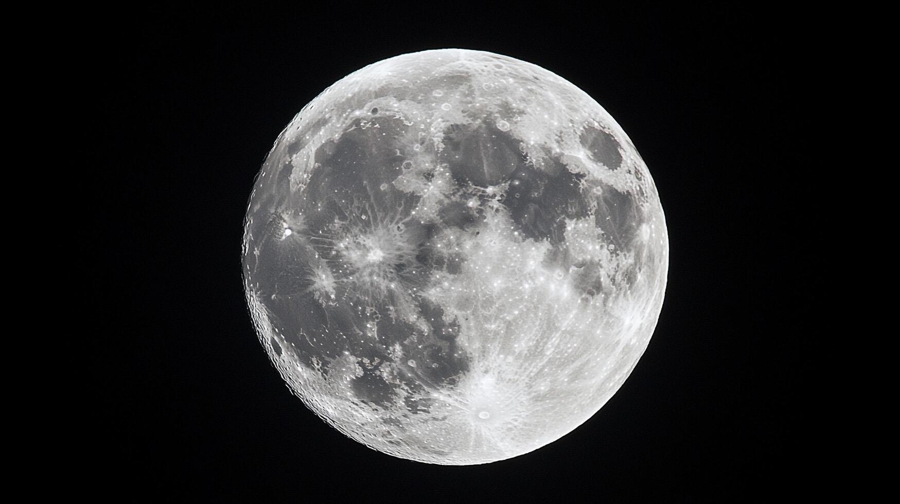 Detailed view of a full moon, showcasing its cratered surface and bright glow against the dark night sky. Celestial body in space. photo