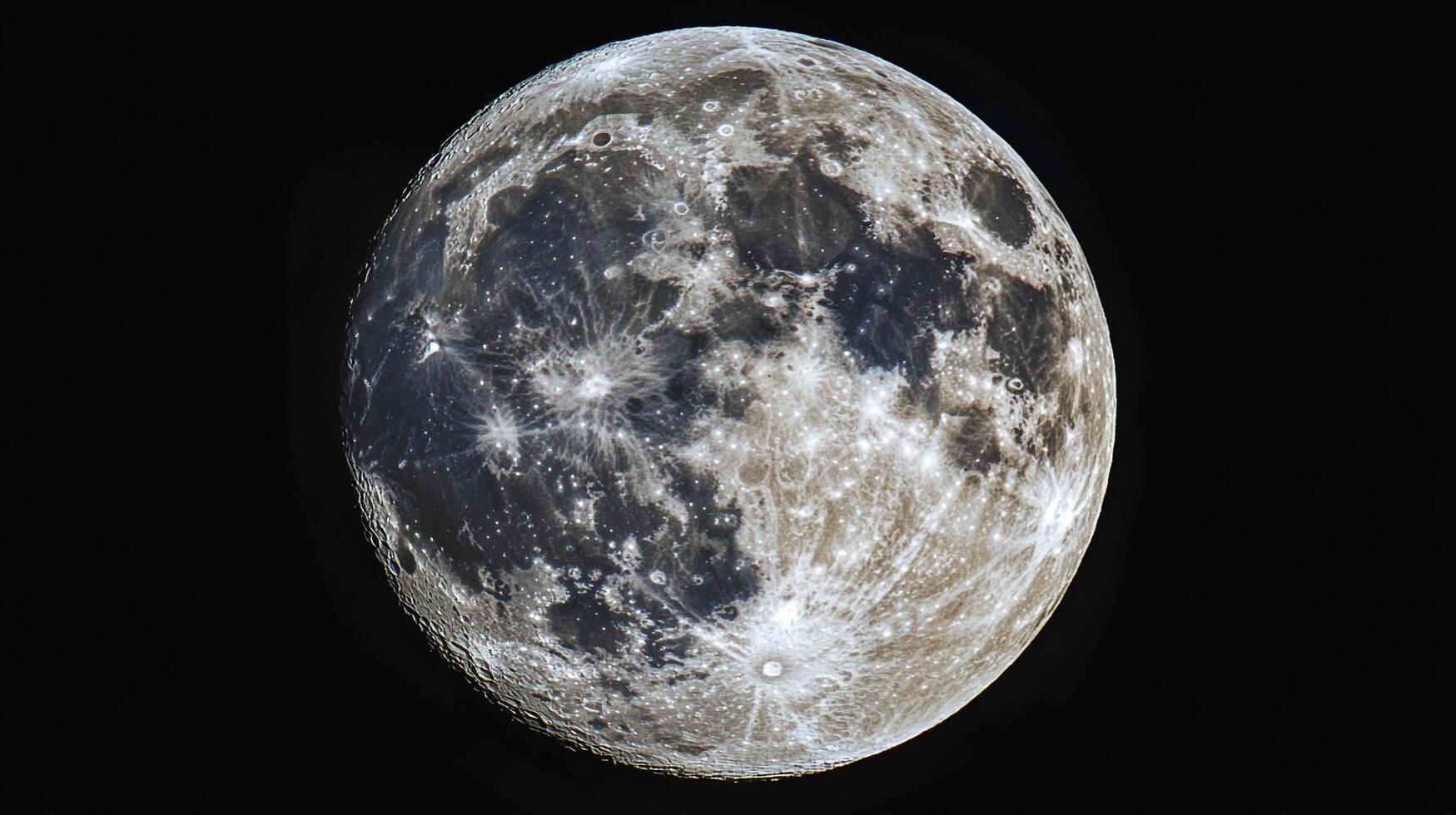 Detailed lunar surface view showcasing craters, maria, and highlands, set against a stark black sky. Mesmerizing celestial beauty. photo