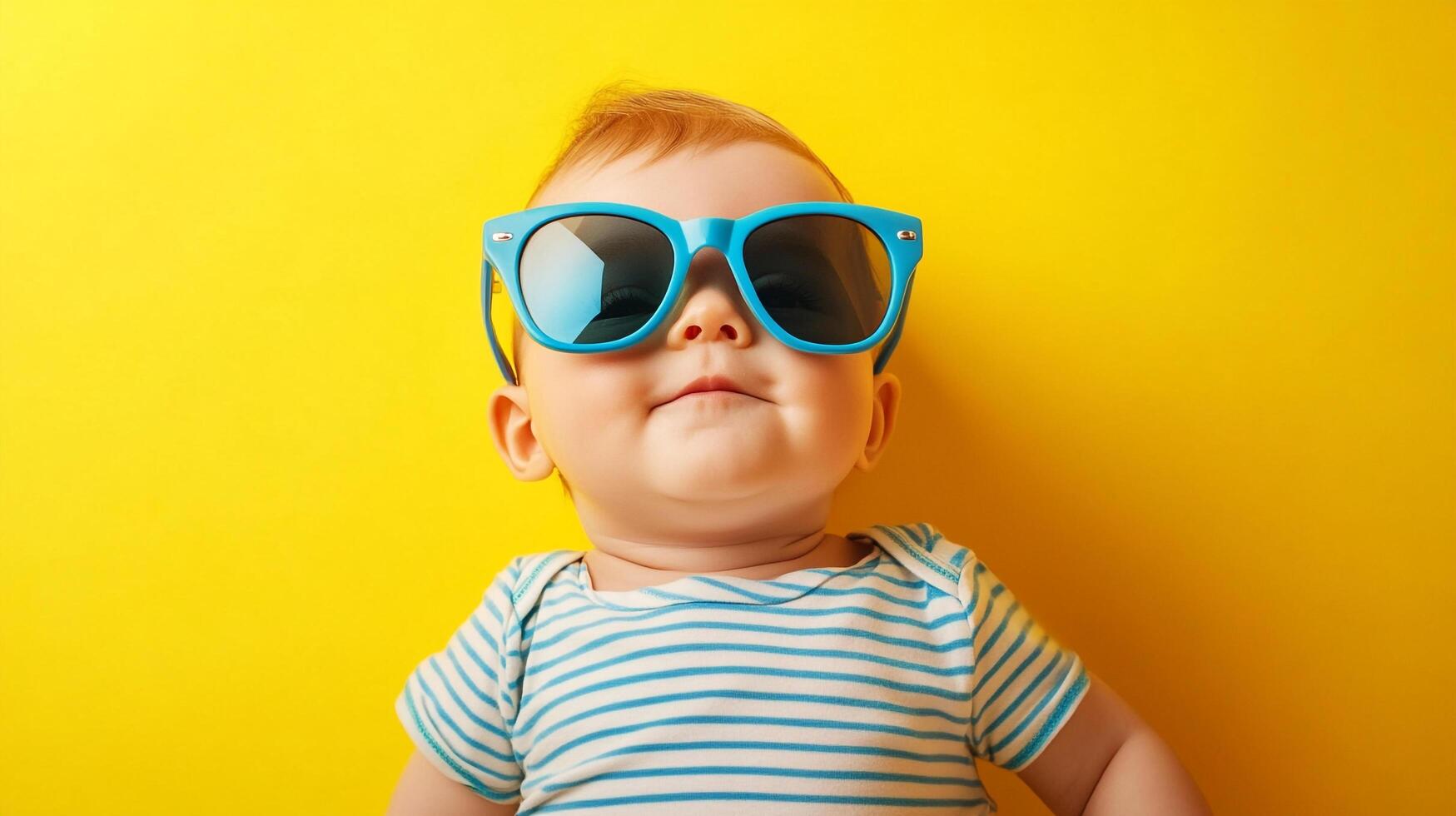Adorable baby wearing oversized blue sunglasses, with a striped shirt, poses against a bright yellow background, radiating charm and coolness. photo