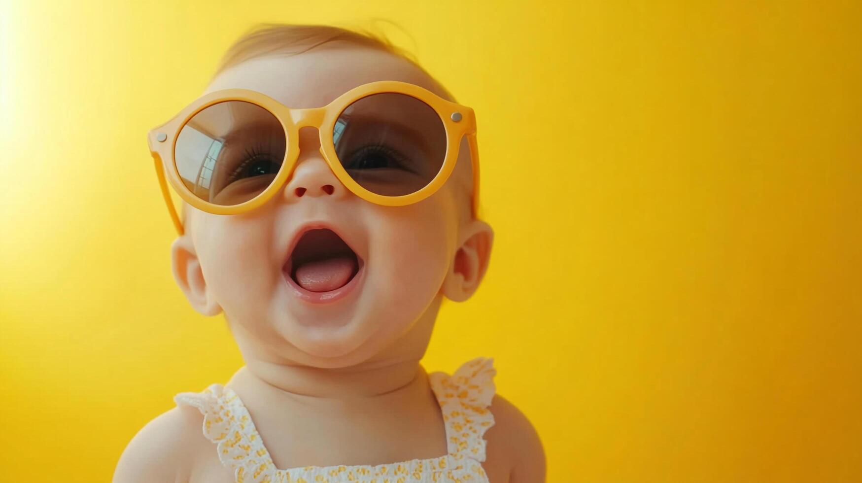Adorable baby sporting oversized yellow sunglasses, a charming expression, and a sunny yellow backdrop for summer fun and playful joy. photo