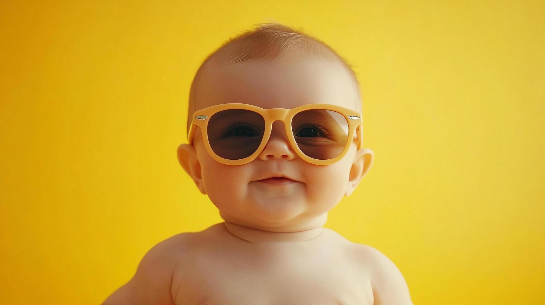 Baby face with retro sunglasses on a sunny yellow background. The baby's expression conveys amusement and curiosity, radiating joy. photo
