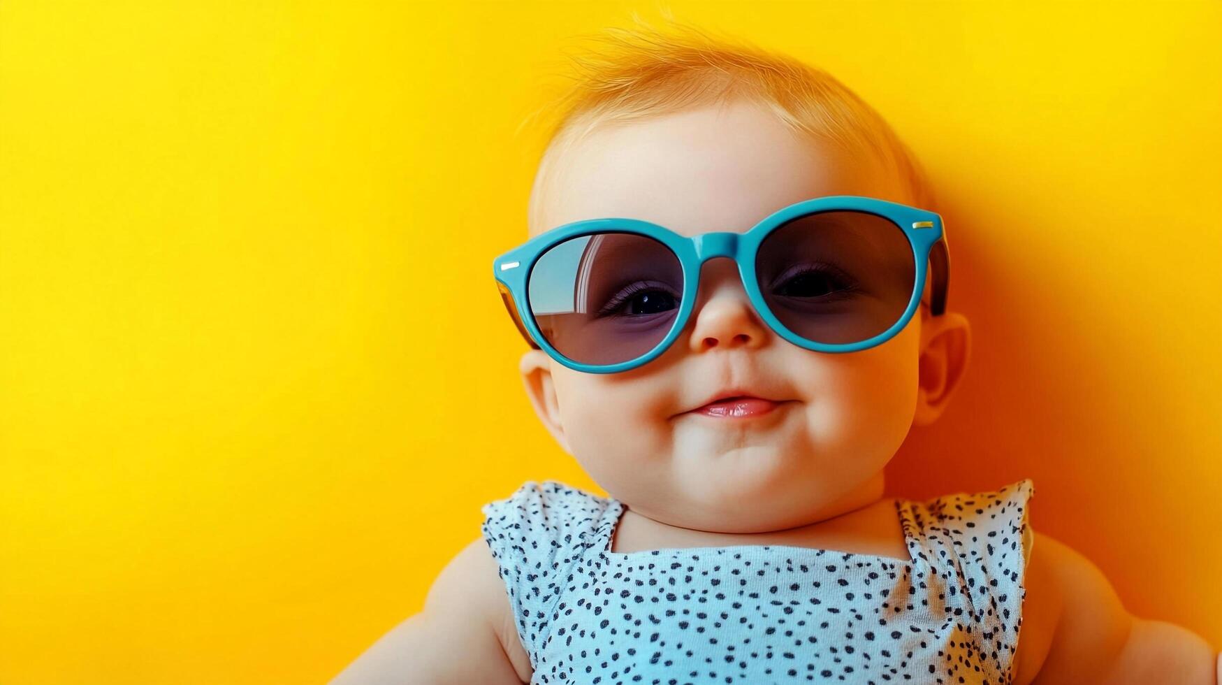 Charming baby with sunglasses is playfully posing against a bright yellow backdrop. Her expression is one of pure joy and happiness. photo