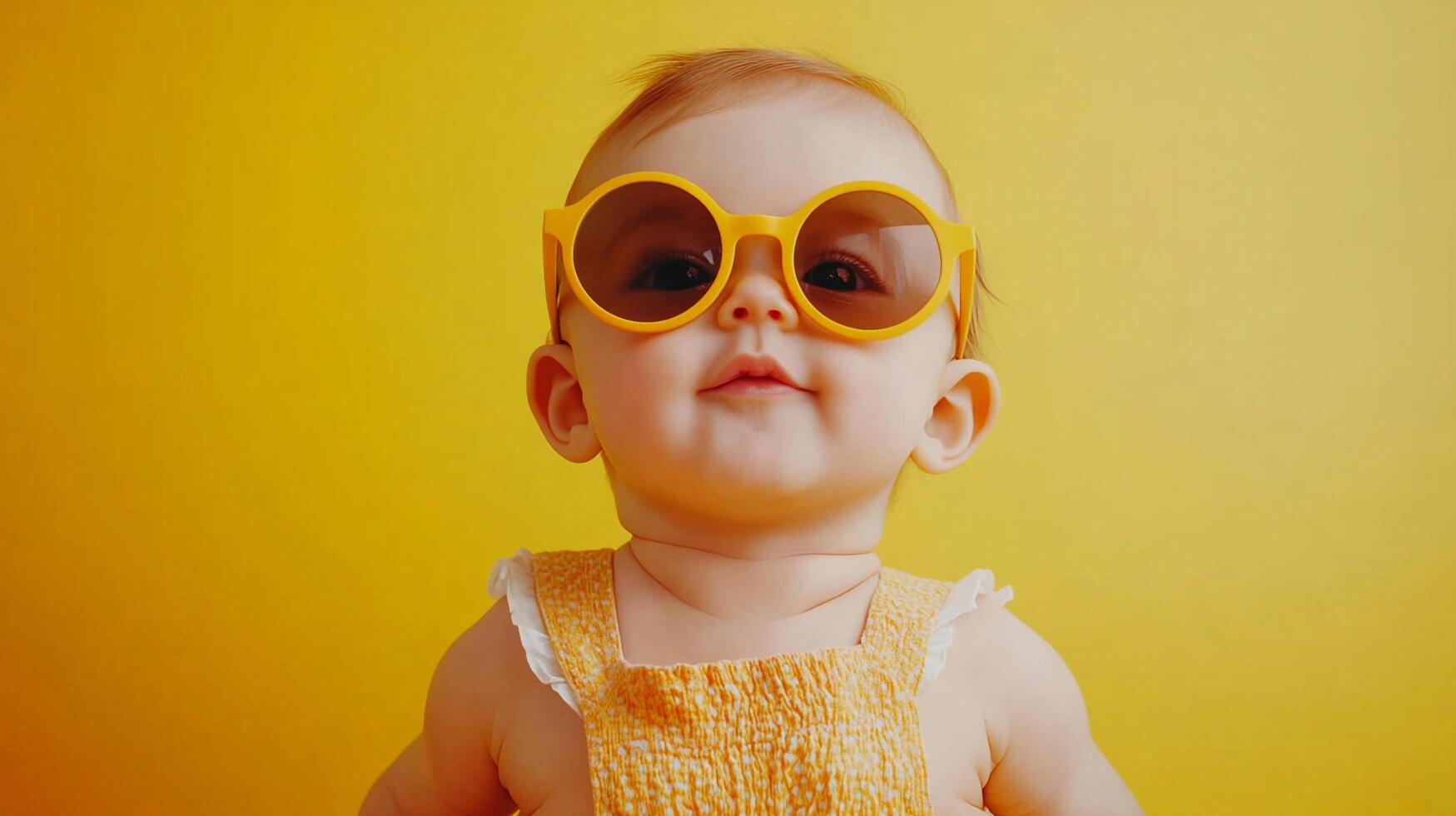 Stylish baby wearing yellow sunglasses and outfit against matching background. Innocence and charm captured in vibrant color. photo
