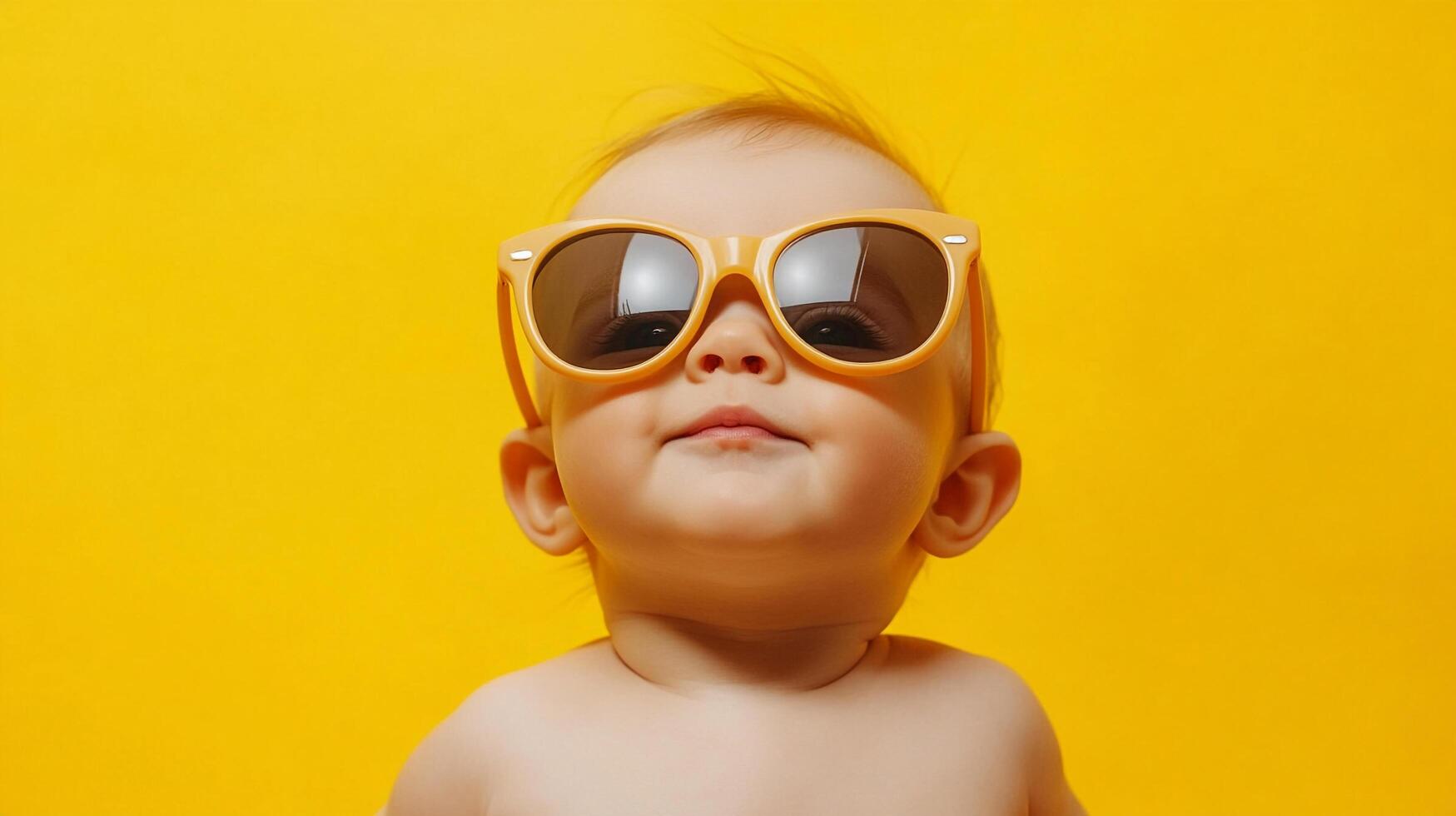 Adorable baby wearing yellow sunglasses. The background is a vibrant yellow, highlighting the child's cute and cool demeanor. photo