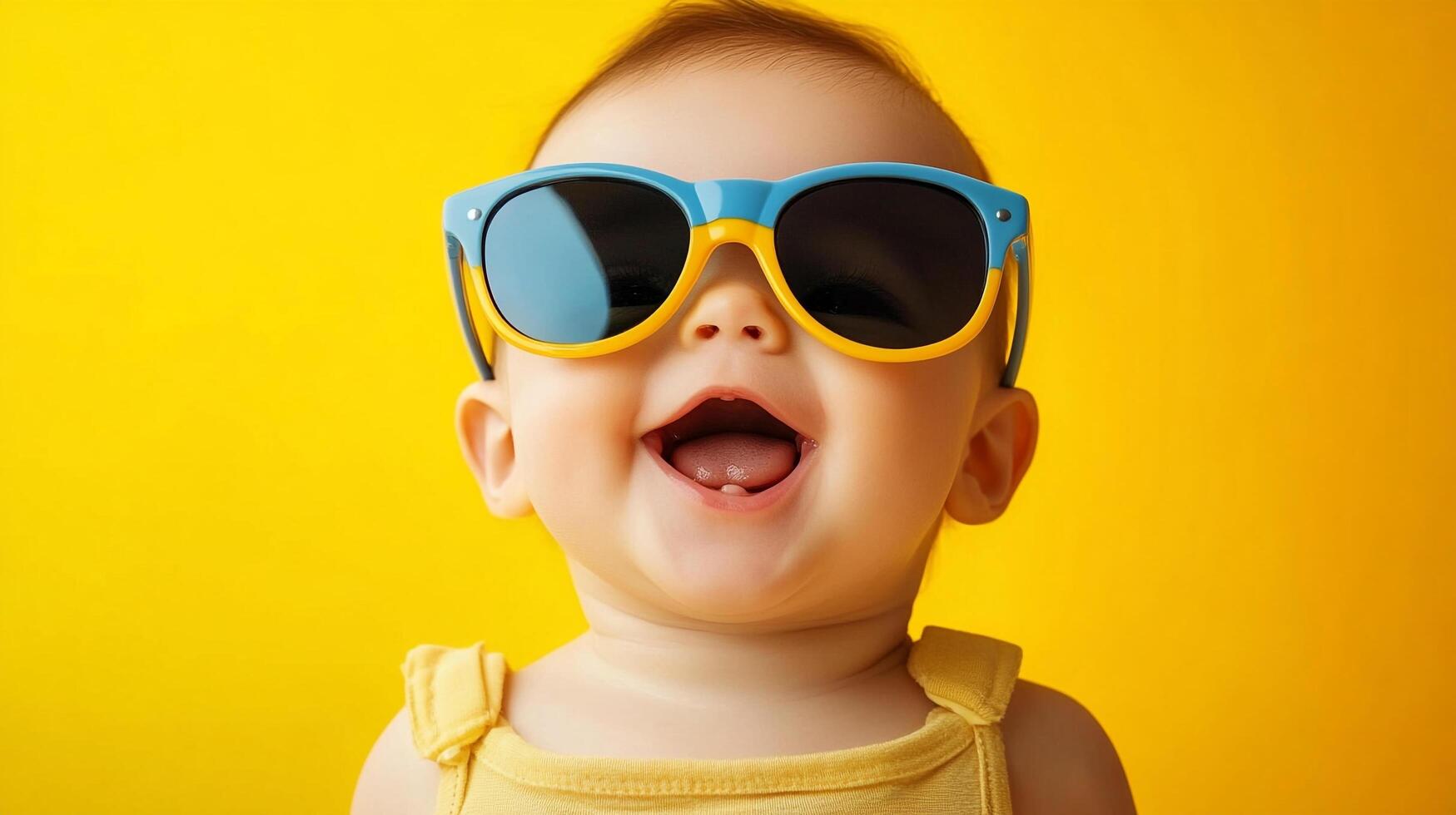 A happy baby wearing blue and yellow sunglasses. The child smiles with its mouth open against a bright yellow background, radiating joy. photo