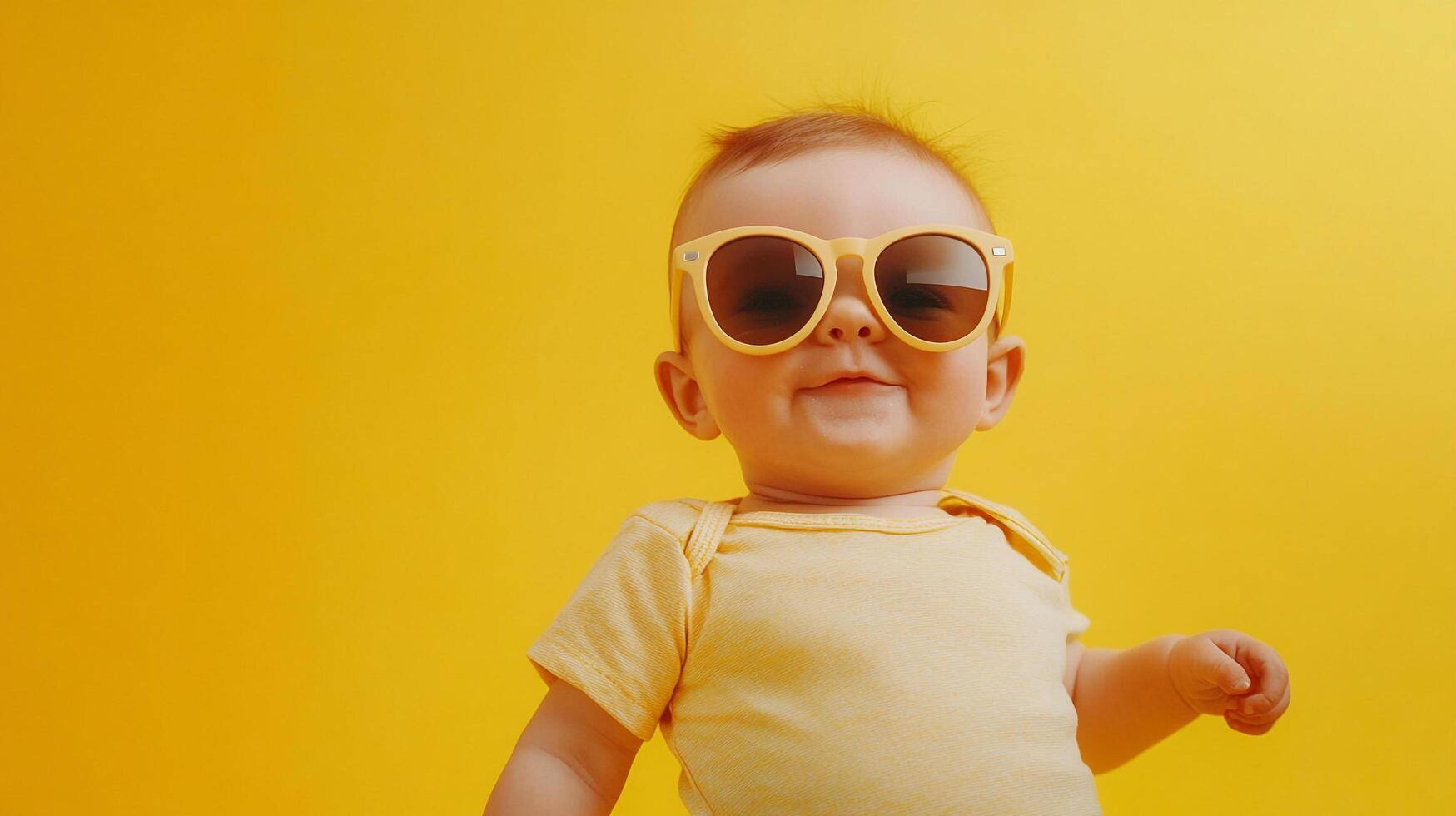 A happy baby is posing against a bright yellow background, wearing matching sunglasses and a onesie. The baby appears to be smiling. photo