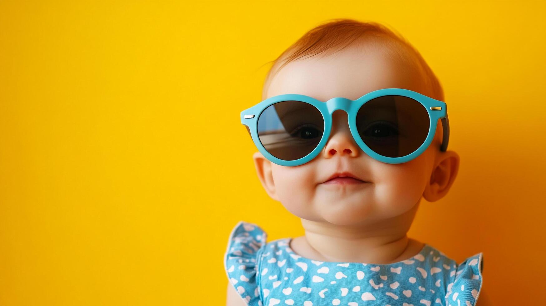 Adorable baby with oversized blue sunglasses against a vibrant yellow backdrop, radiating charm and playful innocence, dressed in a blue dress. photo