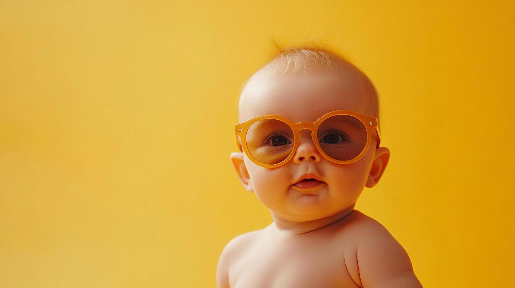 Adorable baby rocks stylish amber sunglasses, gazing intently. Fun monochromatic yellow studio portrait of childhood innocence. photo